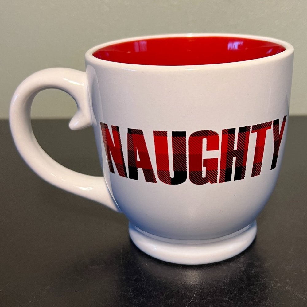 NAUGHTY Ceramic Mug with Red & Green Plaid Block Lettering ~ Red Interior